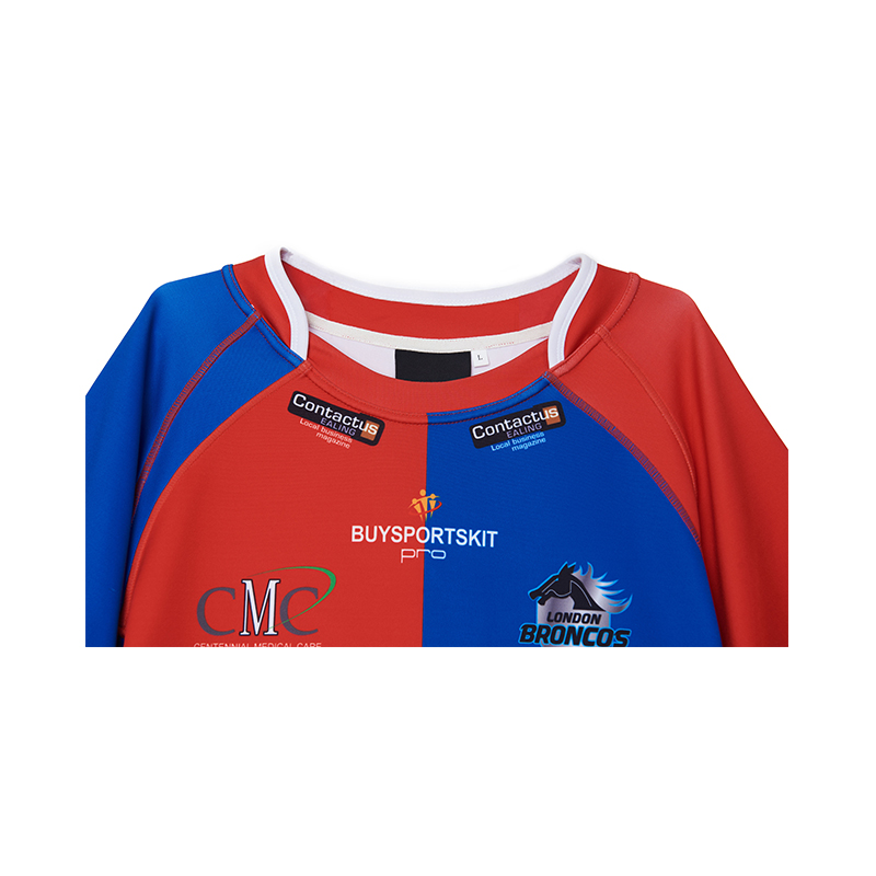 Camiseta de rugby de manga corta roja, amarilla y azul