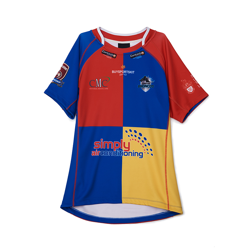 Camiseta de rugby de manga corta roja, amarilla y azul