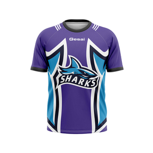 Manga corta deportiva morada con estampado de tiburones para hombre