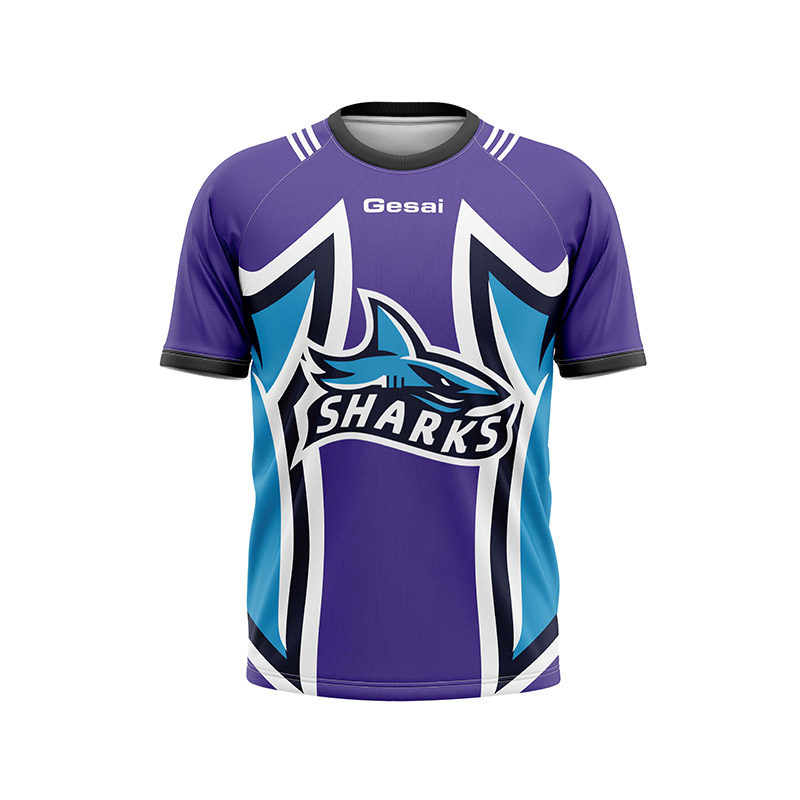 Manga corta deportiva morada con estampado de tiburones para hombre